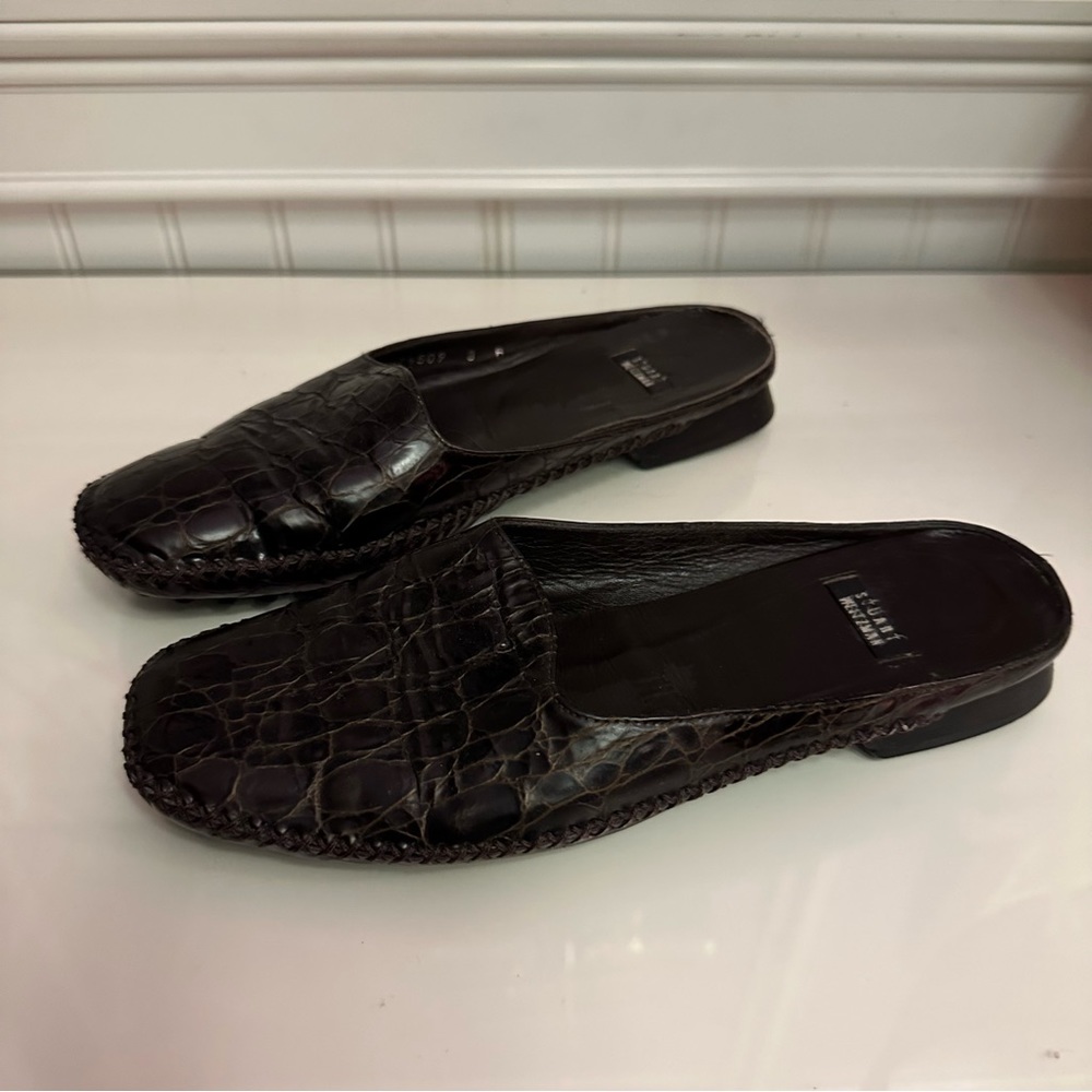 Stuart Weitzman Black Croc-Embossed Leather Mule Clogs